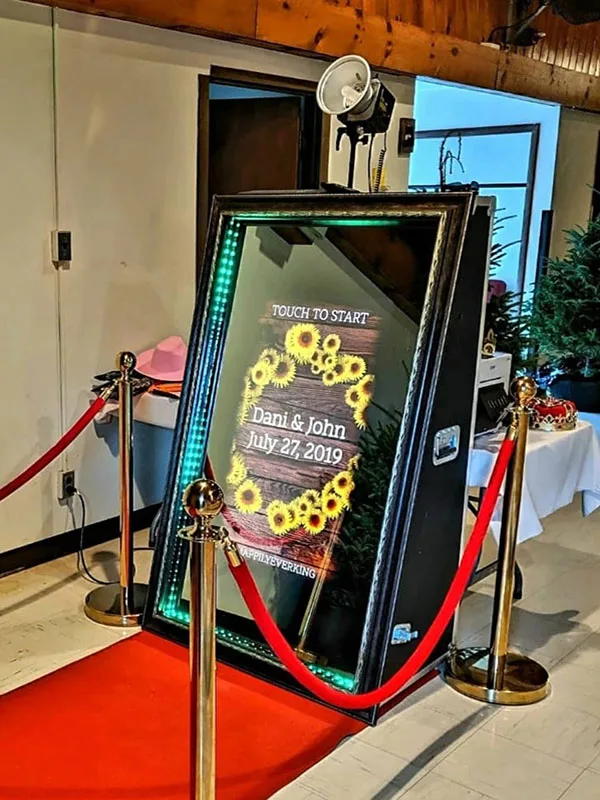 Adirondack Selfie Mirror set up with a custom sunflower welcome screen
